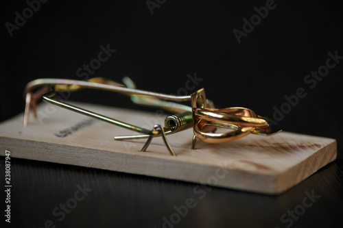 wedding rings bait in a mousetrap, concept marriage of convenience, contract.