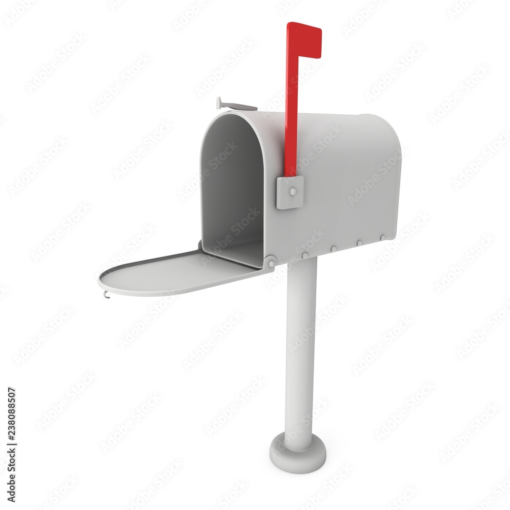 Mailbox with open door and raised flag. 3d render illustration isolated on white background. Mailbox with open door and raised flag. 3d render illustration isolated on white background.