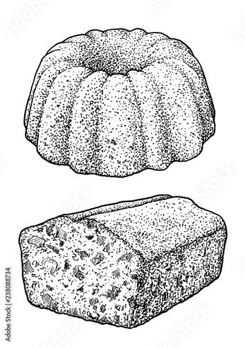 Fruitcake , ring cake, marble cake illustration, drawing, engraving, ink, line art, vector