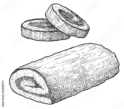 Log cake illustration, drawing, engraving, ink, line art, vector