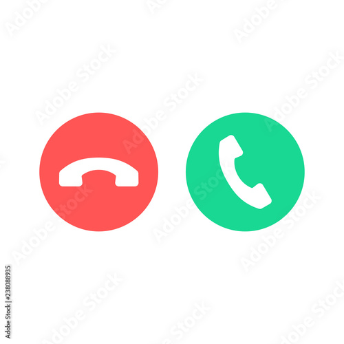 Phone call icons. Accept call and decline button. Green and red buttons with handset silhouettes. Vector icons set