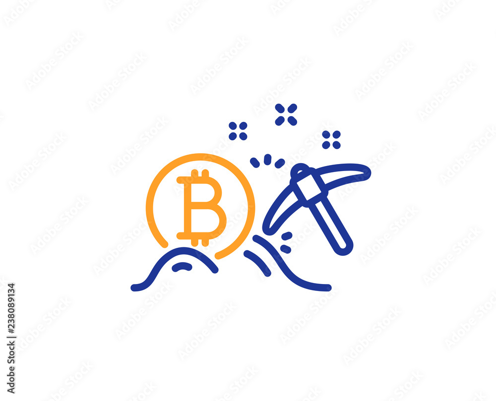 Bitcoin mining line icon. Cryptocurrency coin sign. Crypto money pickaxe symbol. Colorful outline concept. Blue and orange thin line color Bitcoin mining icon. Vector Bitcoin mining line icon. Cryptocurrency coin sign. Crypto money pickaxe symbol. Colorful outline concept. Blue and orange thin line color Bitcoin mining icon. Vector