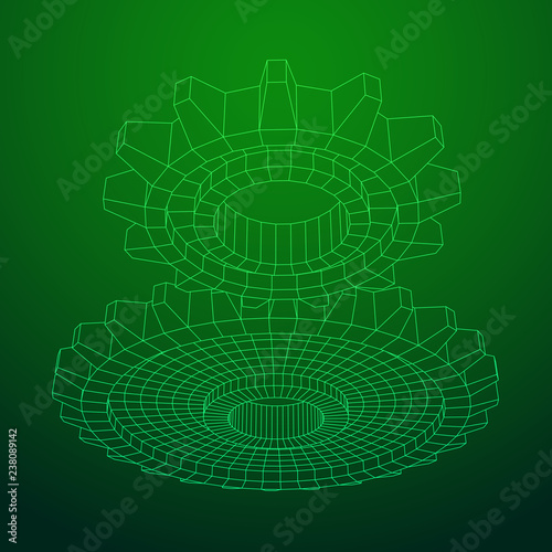 Gears. Mechanical technology machine engineering symbol. Industry development, engine work, business solution concept. Wireframe low poly mesh vector illustration