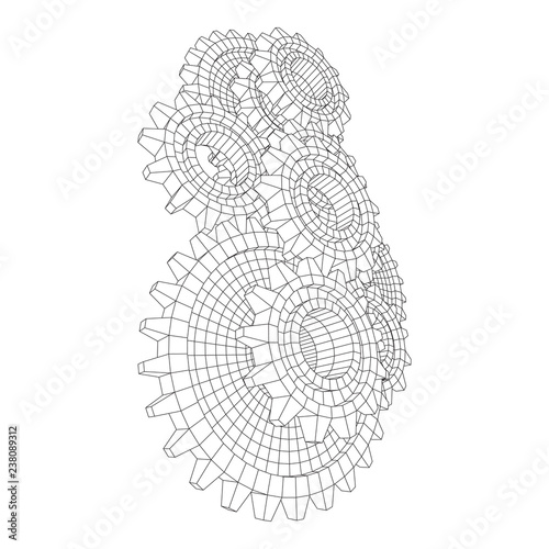 Gears. Mechanical technology machine engineering symbol. Industry development, engine work, business solution concept. Wireframe low poly mesh vector illustration