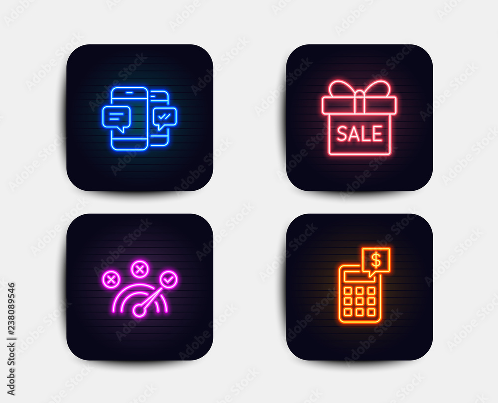 Neon glow lights. Set of Correct answer, Smartphone sms and Sale offer icons. Calculator sign. Speed symbol, Mobile messages, Gift box. Money management. Neon icons. Glowing light banners. Vector Neon glow lights. Set of Correct answer, Smartphone sms and Sale offer icons. Calculator sign. Speed symbol, Mobile messages, Gift box. Money management. Neon icons. Glowing light banners. Vector