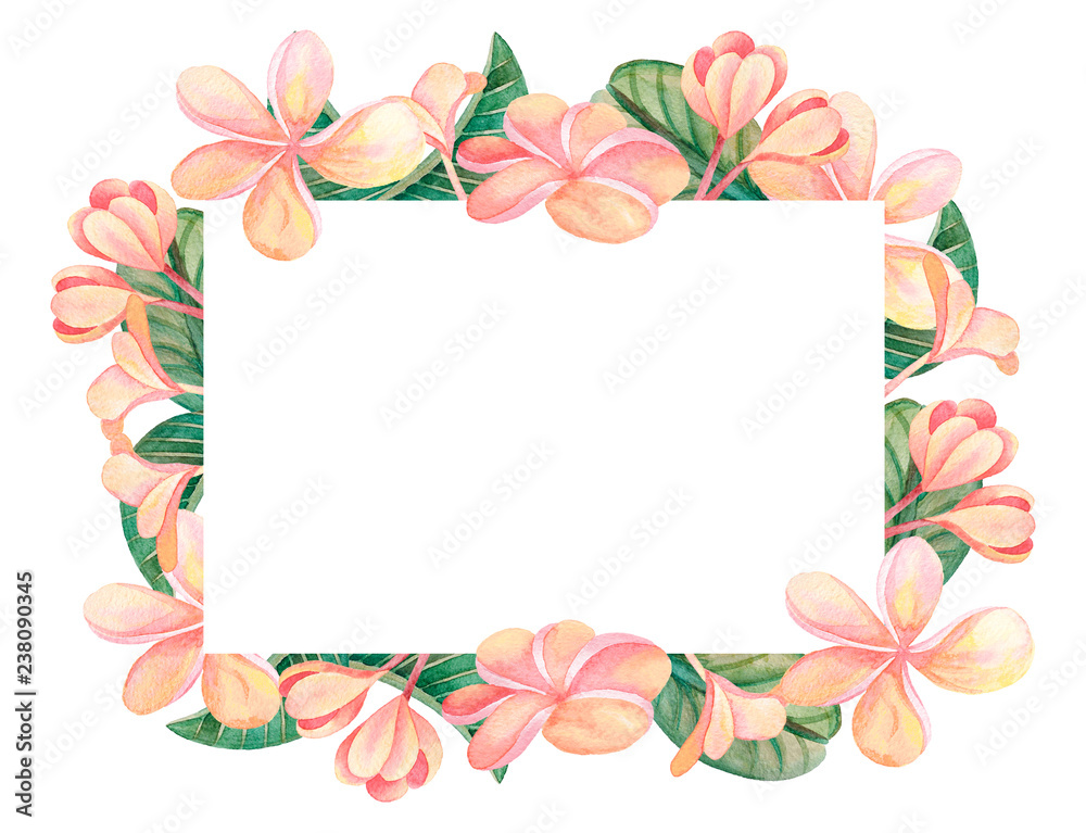 Illustration of watercolor hand drawn frame with green leaves and pink colorful flowers isolated on white background. For cards, wedding invitation, posters.