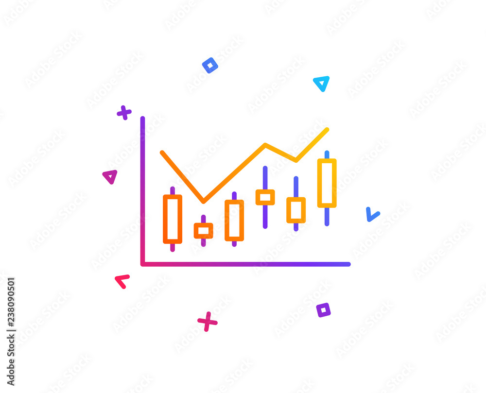 Candlestick chart line icon. Financial graph sign. Stock exchange symbol. Business investment. Gradient line button. Financial diagram icon design. Colorful geometric shapes. Vector Candlestick chart line icon. Financial graph sign. Stock exchange symbol. Business investment. Gradient line button. Financial diagram icon design. Colorful geometric shapes. Vector