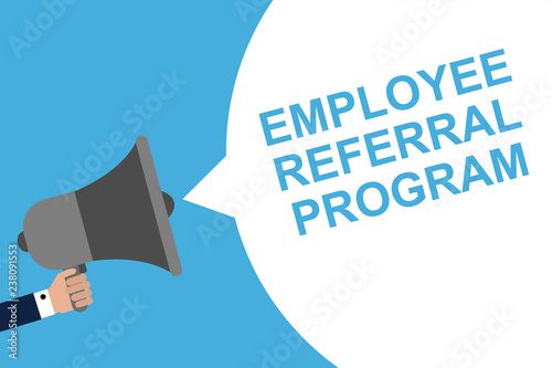 Hand Holding Megaphone With Speech Bubble Employee referral program. Announcement. Vector illustration photo