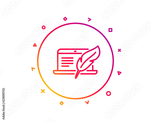 Copywriting notebook line icon. Ð¡opyright feather sign. Media content symbol. Gradient pattern line button. Copyright laptop icon design. Geometric shapes. Vector photo