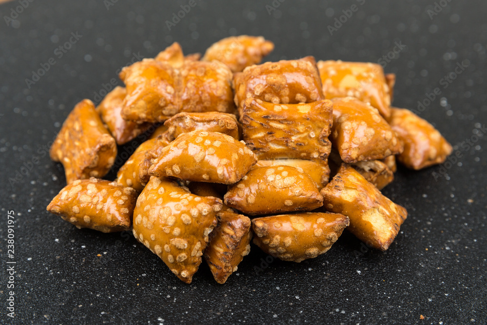 Pile of crunchy pretzel pillows snacks with filling