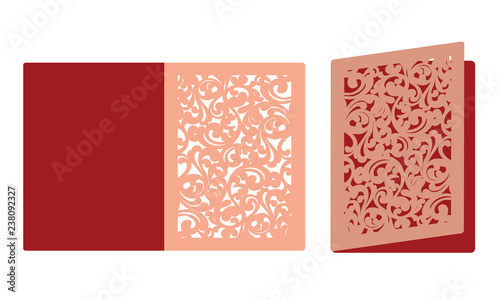 Laser cut template. Birdcage with birds in the foliage. Laser cutting tri-fold lace valentines card. Wedding invitation stationery. Save the date holder. Laser cuttable silhouette. Vector