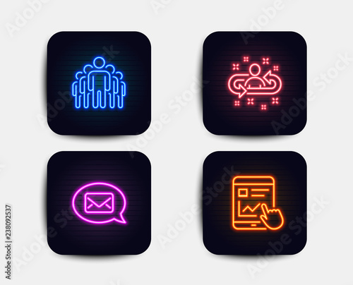 Neon glow lights. Set of Recruitment, Group and Messenger icons. Internet report sign. Manager change, Managers, New message. Web tutorial.  Neon icons. Glowing light banners. Vector