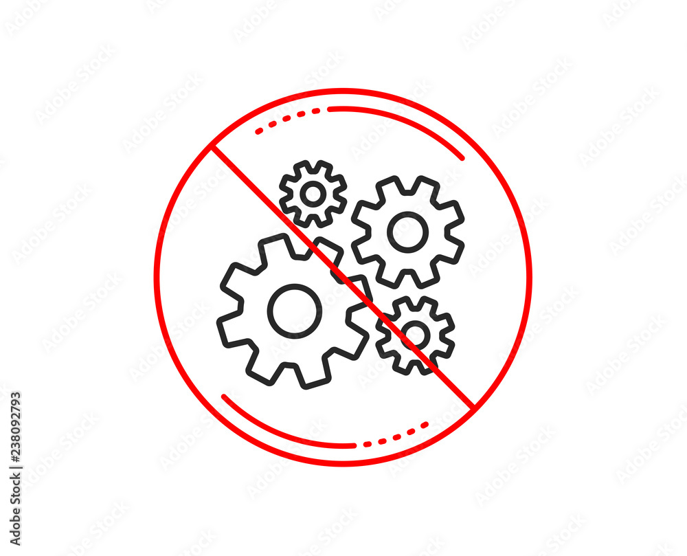 No or stop sign. Cogwheel line icon. Engineering tool sign. Cog gear symbol. Caution prohibited ban stop symbol. No icon design. Vector No or stop sign. Cogwheel line icon. Engineering tool sign. Cog gear symbol. Caution prohibited ban stop symbol. No icon design. Vector