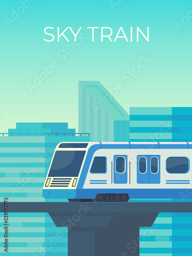 Sky train moving to station in city. Mass rapid transit system. Vector flat illustration.
