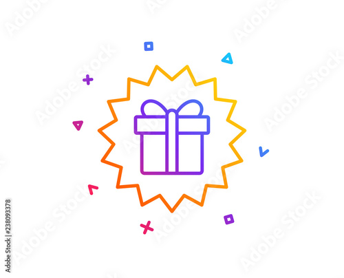 Gift box offer line icon. Present or Sale sign. Birthday Shopping symbol. Package in Gift Wrap. Gradient line button. Surprise gift icon design. Colorful geometric shapes. Vector