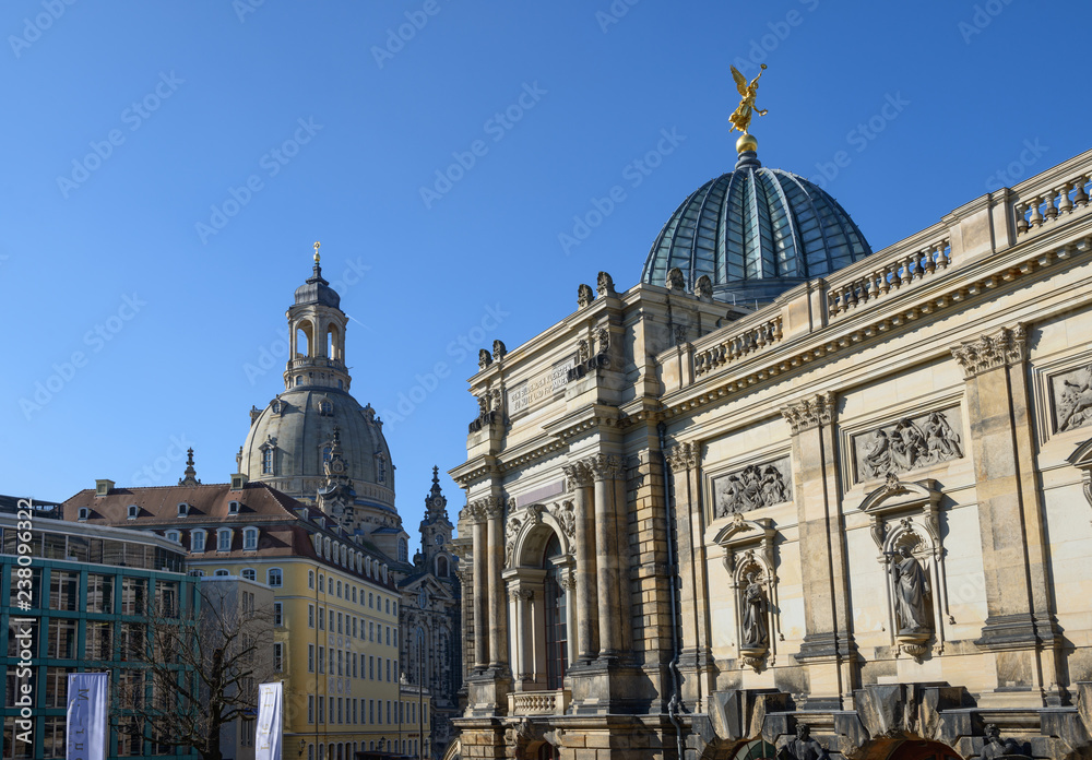 View from George Treu Square towards Frauenkirche church, Dresden, Germany.