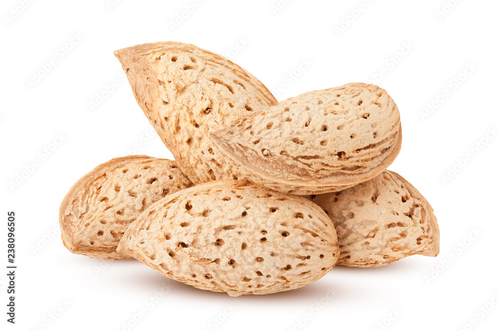 Almond nut in shell isolated on white background, clipping path, full depth of field Almond nut in shell isolated on white background, clipping path, full depth of field