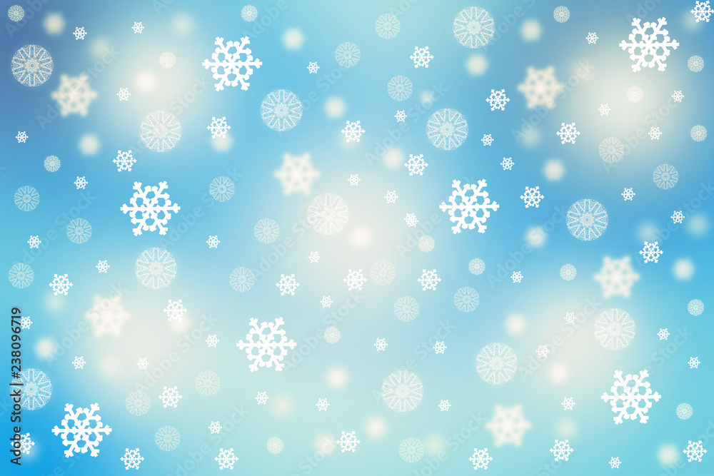 2019 christmas new year concept, falling snowflakes with shadow on blue gradient background 