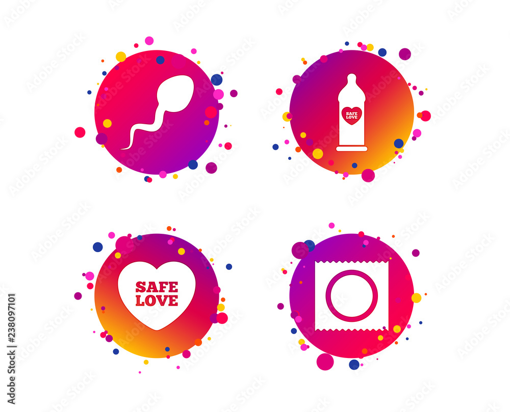 Safe sex love icons. Condom in package symbol. Sperm sign. Fertilization or insemination. Gradient circle buttons with icons. Random dots design. Vector Safe sex love icons. Condom in package symbol. Sperm sign. Fertilization or insemination. Gradient circle buttons with icons. Random dots design. Vector