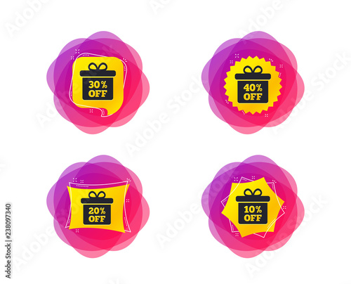Sale gift box tag icons. Discount special offer symbols. 10%, 20%, 30% and 40% percent off signs. Geometric gradient sales shapes. Creative banners. Template for design. Vector