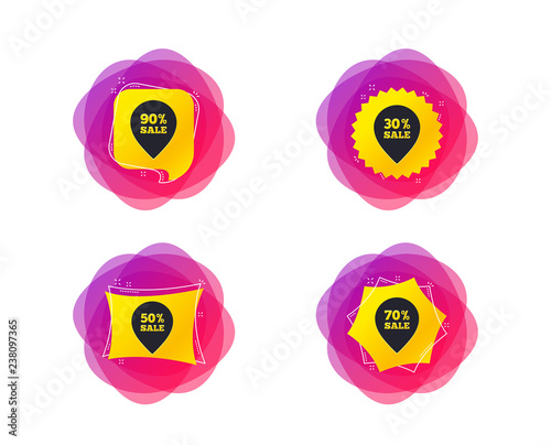 Sale pointer tag icons. Discount special offer symbols. 30%, 50%, 70% and 90% percent sale signs. Geometric gradient sales shapes. Creative banners. Template for design. Vector