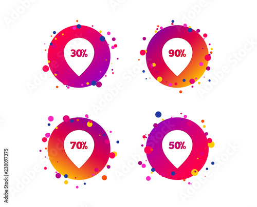 Sale pointer tag icons. Discount special offer symbols. 30%, 50%, 70% and 90% percent discount signs. Gradient circle buttons with icons. Random dots design. Vector