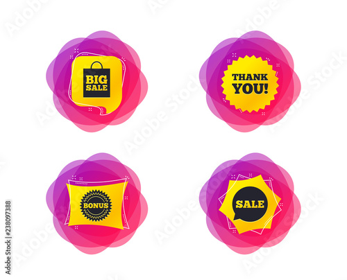 Sale speech bubble icon. Thank you symbol. Bonus star circle sign. Big sale shopping bag. Geometric gradient sales shapes. Creative banners. Template for design. Vector