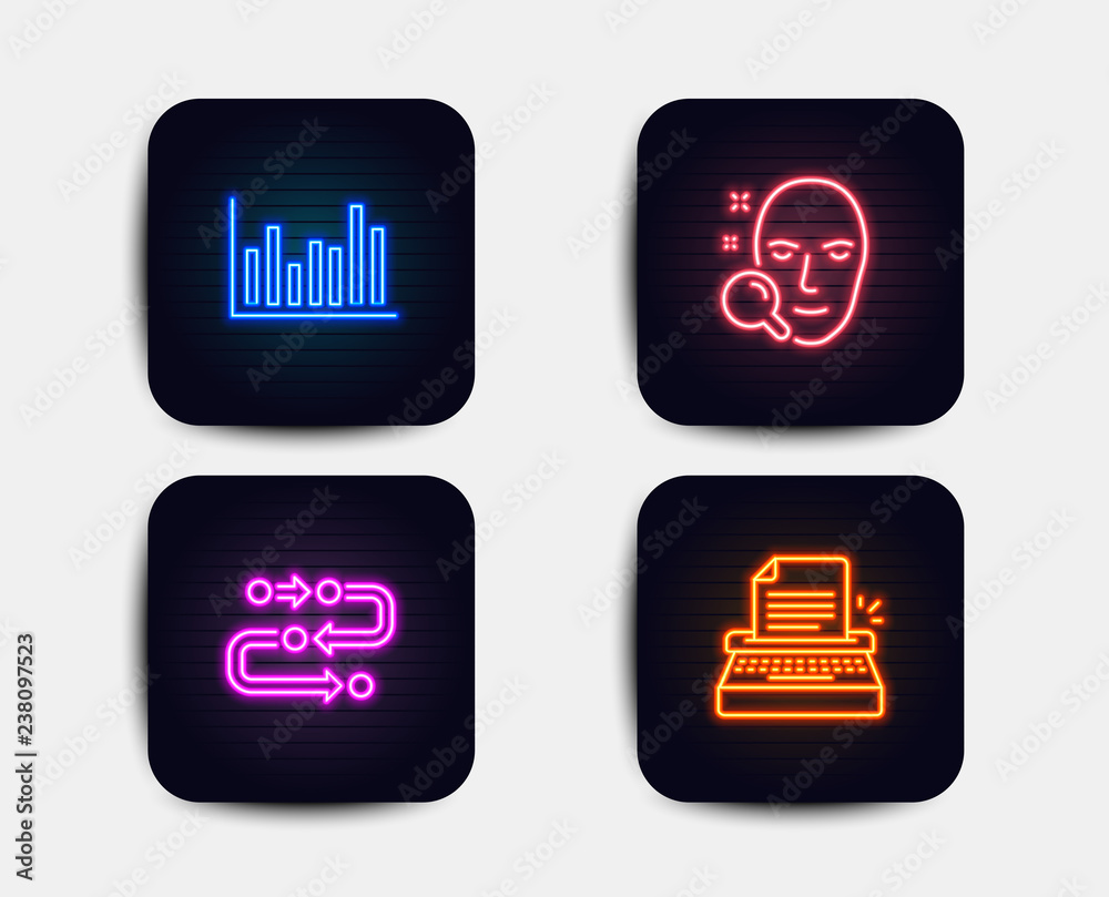 Neon set of Methodology, Face search and Bar diagram icons. Typewriter sign. Development process, Find user, Statistics infochart. Writer machine. Neon icons. Glowing light banners Neon set of Methodology, Face search and Bar diagram icons. Typewriter sign. Development process, Find user, Statistics infochart. Writer machine. Neon icons. Glowing light banners