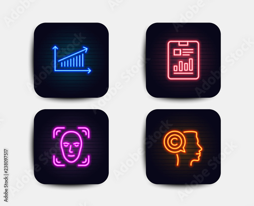 Neon set of Chart, Face detection and Report document icons. Writer sign. Presentation chart, Detect person, Page with charts. Copyrighter. Neon icons. Glowing light banners. Vector