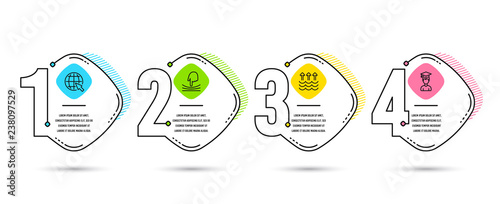 Infographic template 4 options or steps. Set of Evaporation, Internet and Elastic icons. Student sign. Global warming, World web, Resilience. Graduation cap.  Process diagram, workflow layout. Vector