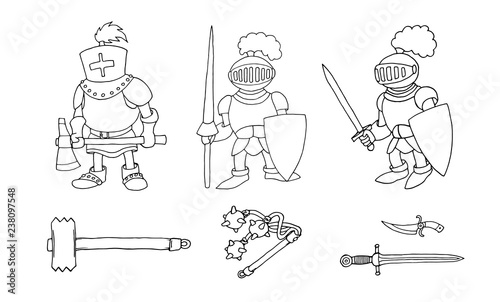 Coloring page of cartoon three medieval knights prepering for Knight Tournament