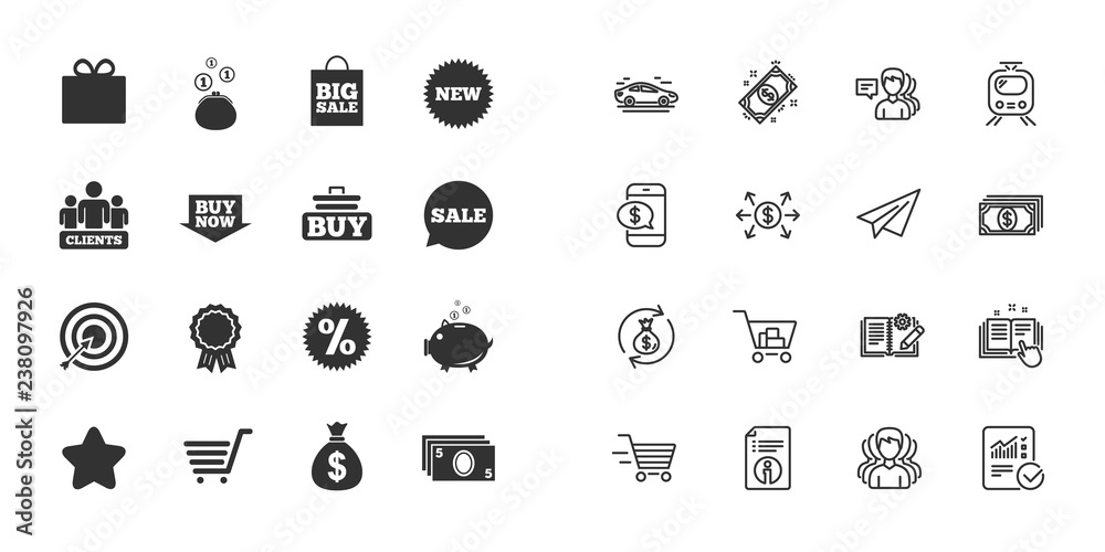 Set of Shopping, E-commerce and Business icons. Big sale, Gift box and Discounts signs. Clients, Sale and Shopping cart symbols. Paper plane, report and shopping cart icons. Group of people. Vector