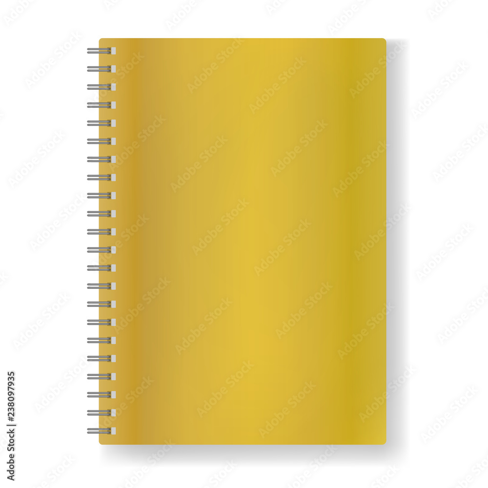 Rectangular vector blank golden realistic notebook on spiral mockup with shadow, closed organizer or notebook template with sheet of A4 Rectangular vector blank golden realistic notebook on spiral mockup with shadow, closed organizer or notebook template with sheet of A4