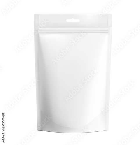 Food pouch bags isolated on white background. Vector illustration. Front view. Can be use for template your design, presentation, promo, ad. EPS10.