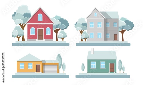 Houses set winter snow exterior modern illustration front apartment