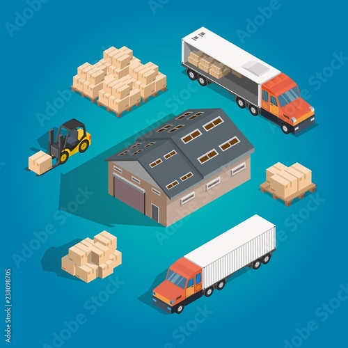 Isometric truck infographics low poly warehouse exterior  with delivery illustration logistic concept export