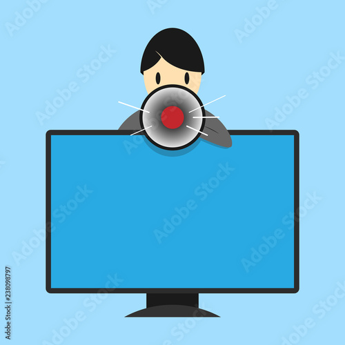 Flat design business Vector Illustration concept Empty template copy space Posters coupons promotional material. Man Standing Behind mounted PC Monitor Screen Talking and Holding Megaphone