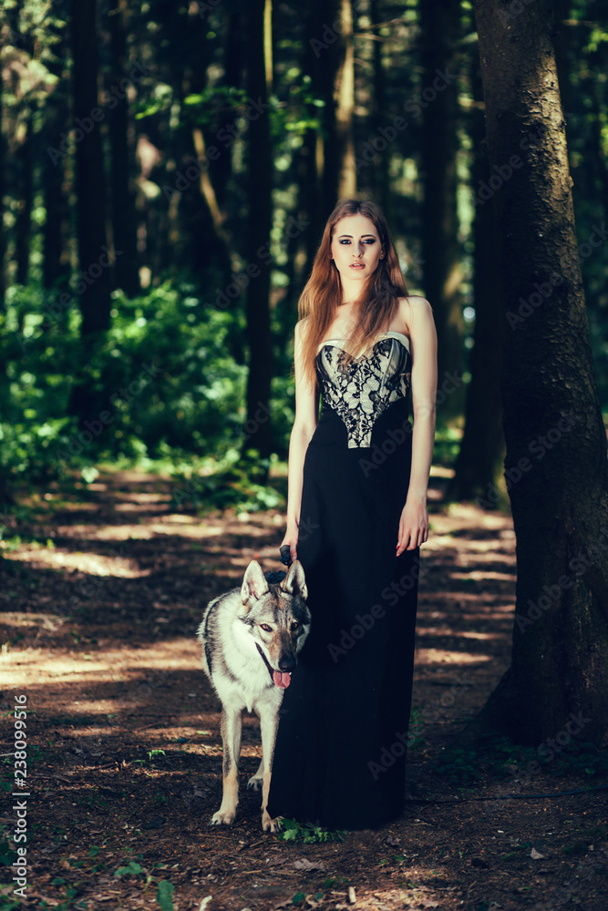 Cute fashionable woman and dog outside Cute fashionable woman and dog outside