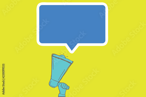 Flat design business Vector Illustration Empty template esp isolated Minimalist graphic layout template for advertising. Human Hand Holding Upward Megaphone and Blank Speech Bubble with Border