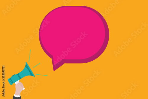 Flat design business Vector Illustration Empty template esp isolated Minimalist graphic layout template for advertising. Human Hand Holding Megaphone with Sound icon and Blank Speech Bubble
