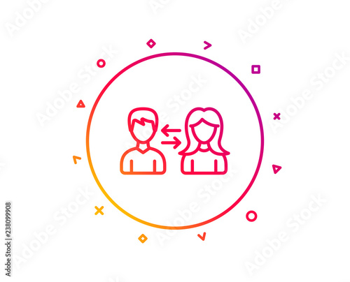 Teamwork line icon. Users communication. Male and Female profiles sign. Person silhouette symbol. Gradient pattern line button. People communication icon design. Geometric shapes. Vector