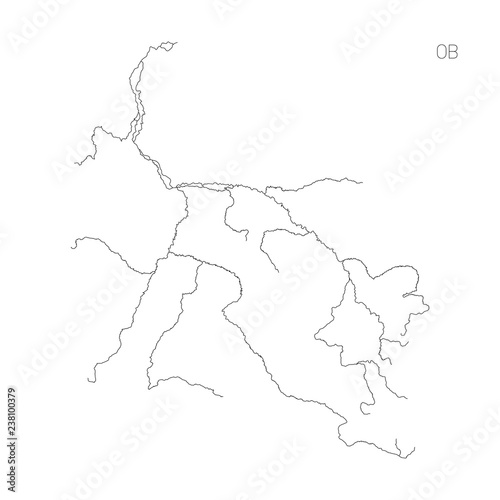 Map of Ob river drainage basin. Simple thin outline vector illustration.