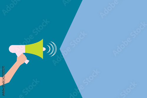 Flat design Vector Illustration Empty esp template copy text for Ad, promotion, poster, flyer, web banner, article. Human Hand Holding Megaphone with Sound Volume Effect icon Text Space