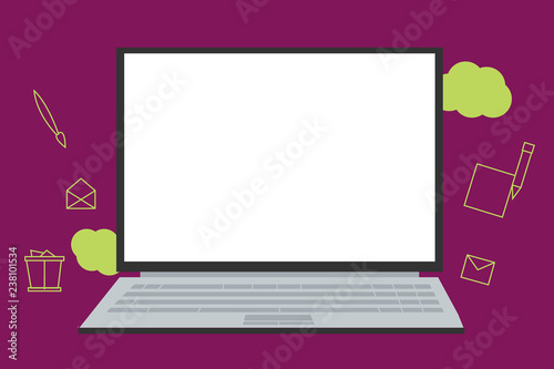 Flat design business Vector Illustration Empty template esp isolated Minimalist graphic layout template for advertising. Open Laptop with Blank Screen and Writing icons Floating on Cloudy Backdrop