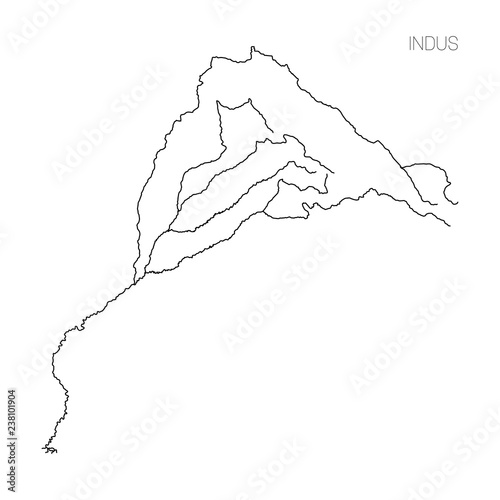 Map of Indus river drainage basin. Simple thin outline vector illustration.