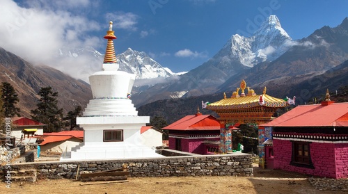 Tengboche Monastery with stupa and mount Everest