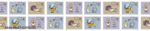 Quartz Crystal Magic Postage Stamps. Hand Drawn Seamless Vector Border. Sacred Symbols Postal Stationery. Tarot, Crystals, Incense for Meditation Journal, Mail Art Banner, Boho New Age Planner Ribbon