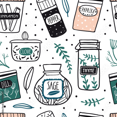Herbs and spices jars seamless pattern