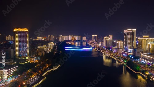 night time illuminated sanya city river aerial panorama timelapse 4k china
 photo