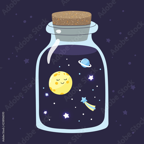 Cartoon full moon with stars in a magic glass jar. Vector illustration.